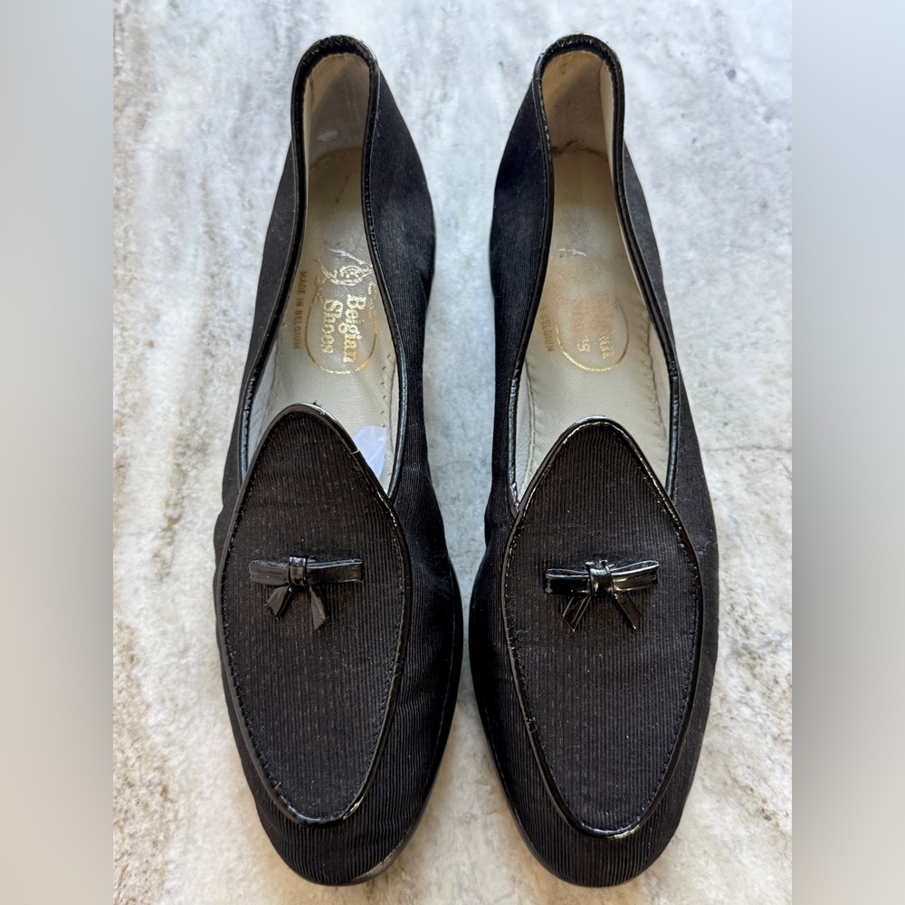 Belgian Shoes Midinette Slippers Black Textile w Gold Loafers 7 Flats $750
